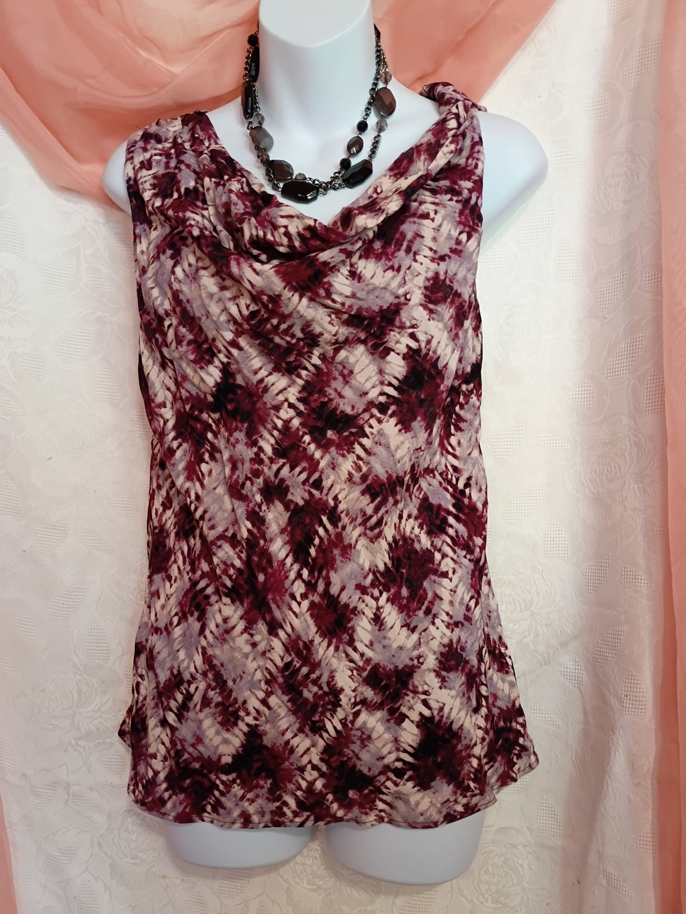 Ladies Sleeveless Draped Neck Women's Top in Burgundy Print Sz Sm